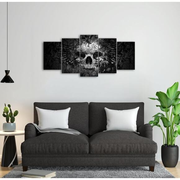 5-Piece Skull Canvas Wall Art – Dark Gothic Black and White Skull Painting - Picture 5 of 5